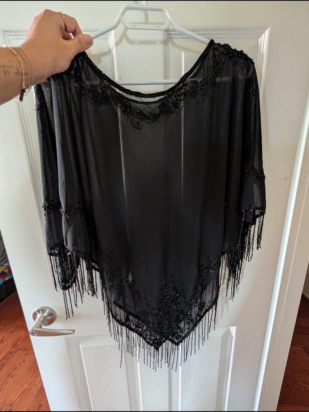 Black Beaded Fringe Poncho Top